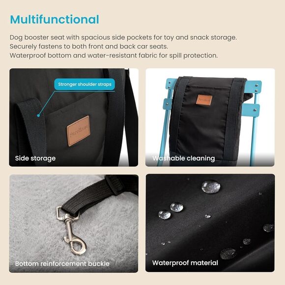 Dog Car Seat Waterproof Booster w Storage Pockets Groom Glove Small Black Gray - Picture 8 of 16